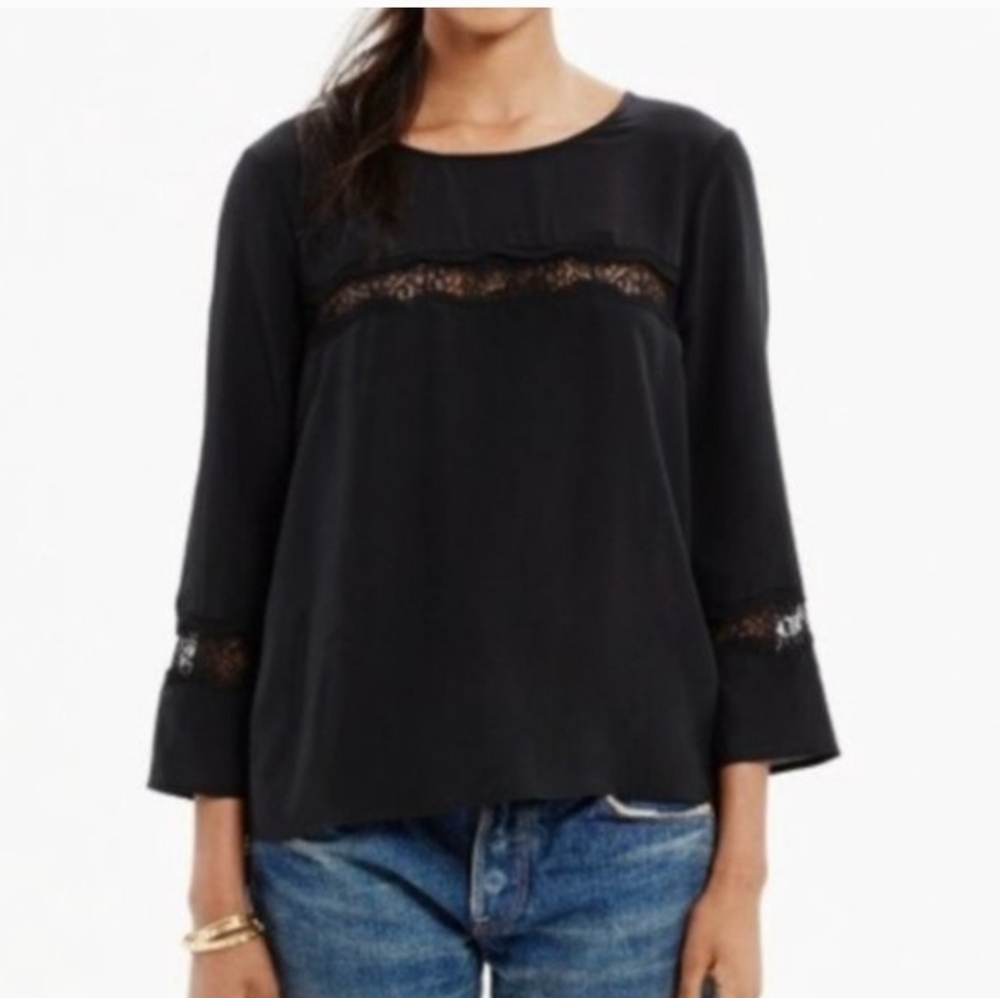 Madewell Women's Black 100% Silk Inset Lace Top Size S